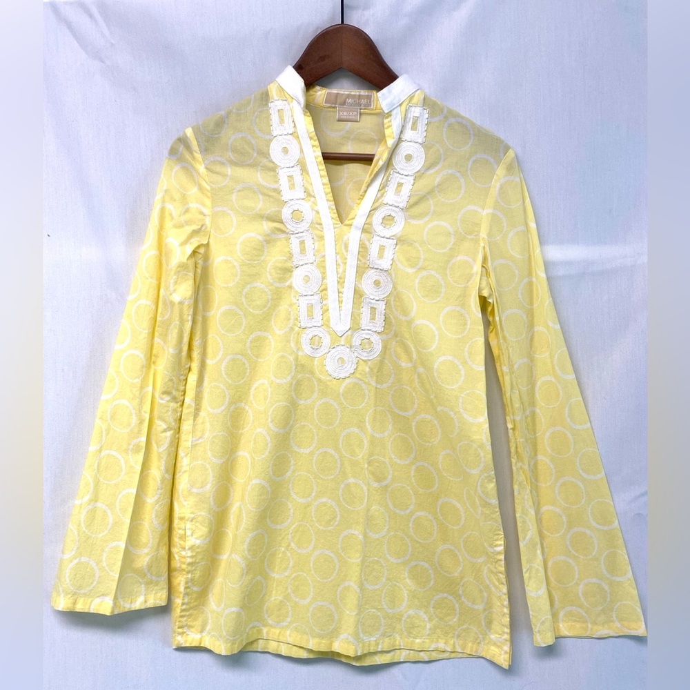 Michael Kors Yellow Tunic Shirt Embroidered Beaded Collar